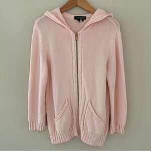 Lauren Ralph Lauren Vintage Zipper Cardigan Large Pink Cable Knit Detail Hood